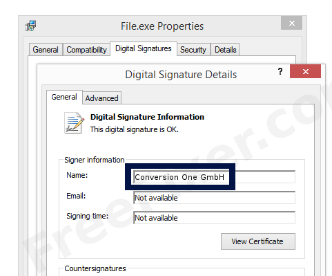 Screenshot of the Conversion One GmbH certificate